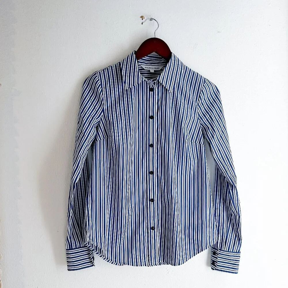 Veronica Beard Libby Striped Poplin Button Down Shirt in Classic Blue - Picture 2 of 10